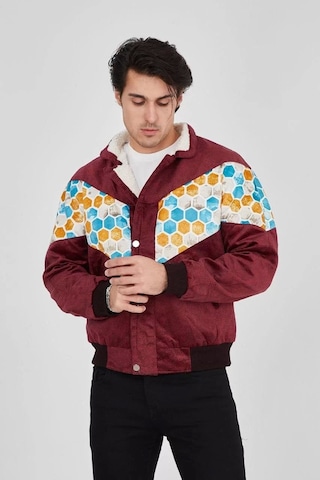 Erkek İçi Astarlı İçten Yaka Kısmı Peluşlu Beyaz Şeritli Vintage Ceket - Mürdüm Mürdüm