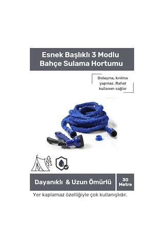 Dayanıklı Kırılmaz 3 Modlu Uzayan Bahçe Sulama Araç Yıkama Hortumu 30 Metre Mavi