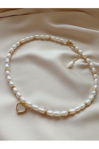 Vip Tasarım Gerçek İnci Sedef Kalpli Kolye Altın Kaplama Beyaz