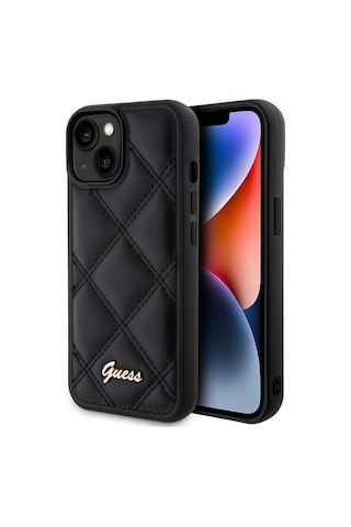Apple Uyumlu iPhone 15 Kılıf Guess Lisanslı Pu Deri Metal Yazı Logolu Kapitone Kapak Siyah