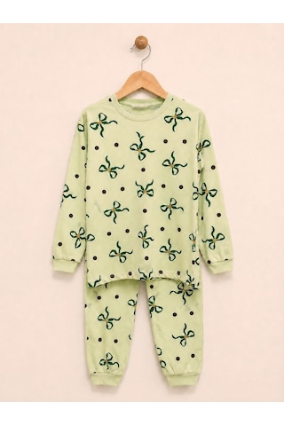 Durukoza %100 Pamuk Kız Çocuk Pijama Takımı Fiyonklu 4 Mevsim Açık Yeşil