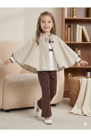 Xo Kids Pelerin Detaylı Kız Çocuk 3lü Alt Üst Takım 4-10 Yaş 4406 Ekru