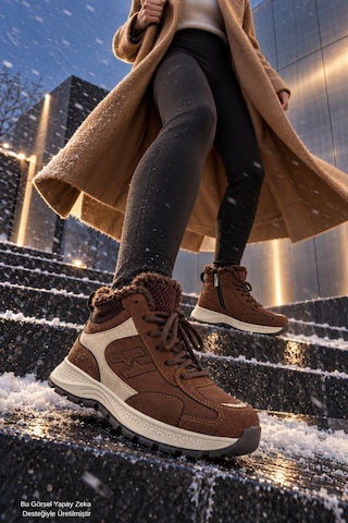 Muggo Nortex Kürklü Fermuarlı Kalın Taban Bağcıklı Kışlık Kadın Sneaker Bot Kahverengi