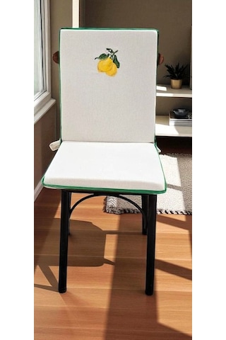 Limon Nakışlı Buldan Keteni Arkalıklı Fermuarlı Sandalye Minderi Naturel