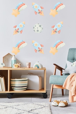 Sevimli Uzay Mekiği Ve Ay Temalı 20 Parça Çocuk Ve Bebek Odası Dekoratif Duvar Sticker Seti Figür 2