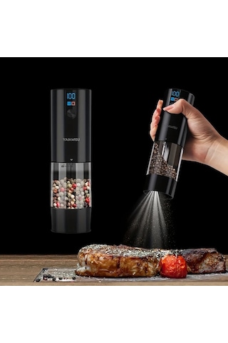 Motion003 Elektrikli Tuz Ve Biber Değirmeni Seti Siyah 1 Usb Şarjlı Küçük Öğütücü Lcd Ekran Ayarlanabilir Kabağlık Ev Mutfak Restoran Barbekü