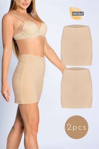 Auw Pamuk Likralı Modal Mini Jüpon 2'li Aydinunderwear Bej