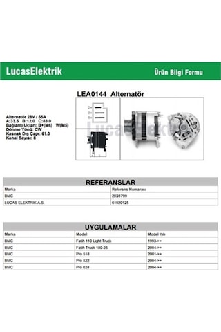 Lucas 24V Alternatör Dinamo Kasnaklı 55 A Çift Ayak Sol Bmc Fat N11.103
