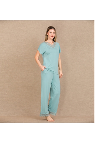 Findit Viskon Şık Tasarım Dantel İşlemeli Mint Yeşil Kısa Kol Pijama Takımı Nane Mint