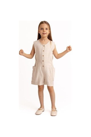 Cigit Yanları Cepli Kısa Boy Keten Tulum 2-7 Yaş Naturel Beyaz