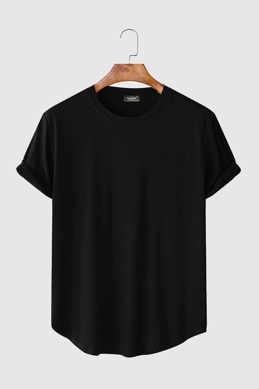 Veaven Erkek Siyah Kolları Katlı Oval Kesim Cepsiz Bisiklet Yaka T-shirt Vavn306-0000005-1 Siyah