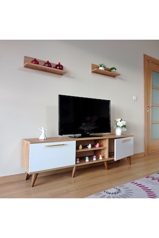 Mobilya Sepeti Ms 85 Mdf Tv Ünitesi Dolabı Raflı Ceviz Beyaz