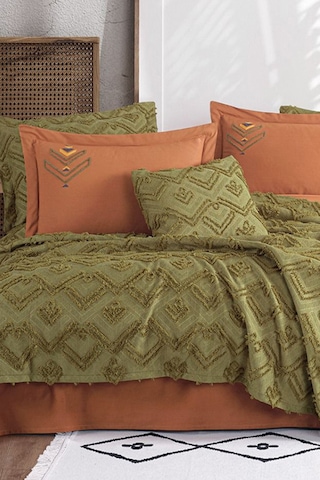 İyi Geceler İstanbul Aztec Haki Çift Kişilik %100 Pamuk Yatak Örtüsü Seti Haki