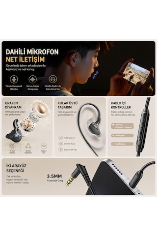 Essager 1.2 Metre 3.5mm Kablolu Hi-fi Mikrofonlu Gaming Kulak İçi Kulaklık 10mm Grafen Sürücü, Gecikmesiz Kulaklık