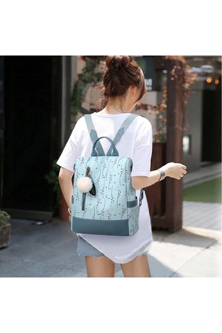 Mavi Yogodlns Yeni Baskı Çiçek Sırt Çantası Kadınlar Için Moda Tüy Topu Sırt Çantası Büyük Kapasiteli Öğrenci Okul Çantalarını Rahat Seyahat Çantası Mavi