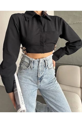 Defymoda Yanı Kemer Detaylı Crop Gömlek Siyah S4009 Siyah