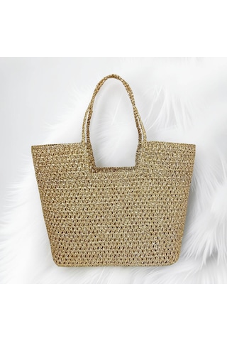Embahandmade Metalik Altın El Örgüsü Plaj Çantası Şık Yazlık Omuz Tote Bag Gold