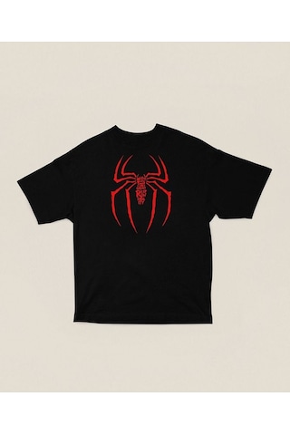 Havalı Spider-man Logo Baskılı Unisex Oversize Tişört Siyah