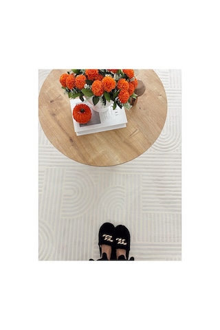 Alize Modern Geometrik Kabartmalı Krem Halı - Saçaklı İskandinav Tarzı Salon Oda Halısı Krem