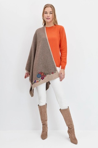 Desen Triko Kadın Çiçek İşlemeli Triko Şal 23154 K. Bej K. Bej Koyu Bej
