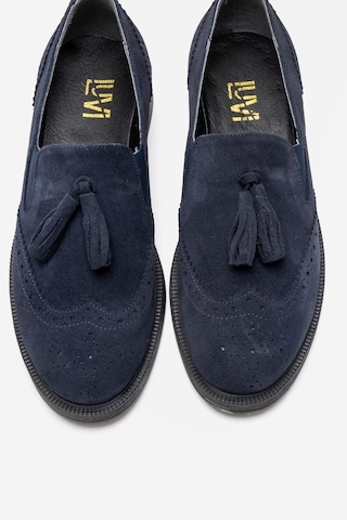 Luvishoes Alex Lacivert Süet Hakiki Deri Püsküllü Lastikli Kadın Loafer Ayakkabı Lacivert