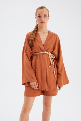 Sateen Kuşak Detaylı Salaş Kimono- Taba