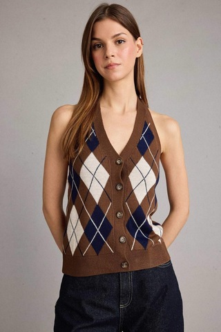 Defacto Slim Fit Dar Kesim Halter Yaka Baklava Desenli Yelek G7503ax25wnbn214 Kahve-bn214