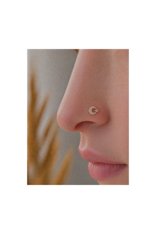 Altın Taşlı Ay Yıldız Figür Geçmeli Hızma Burun Piercing 14 Ayar