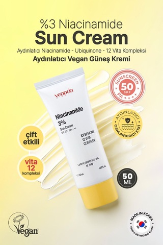 Yeppda %3 Niacinamide İçeren Aydınlatıcı Vegan Güneş Kremi Yeppda Niacinamide Sun Cream SPF50+ PA++++ 50ml