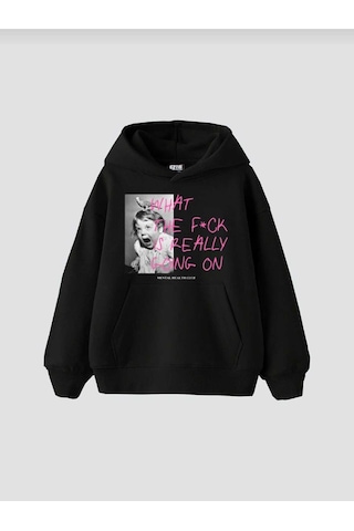 Hunors Sportswear & Company What The Baskılı Unisex Model Pamuklu Kapüşonlu Sweatshirt SIYAH