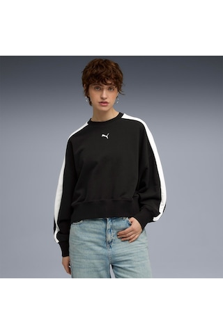 Puma T7 Over Oversized Crew Kadın Siyah Yuvarlak Yaka Sweatshirt Siyah