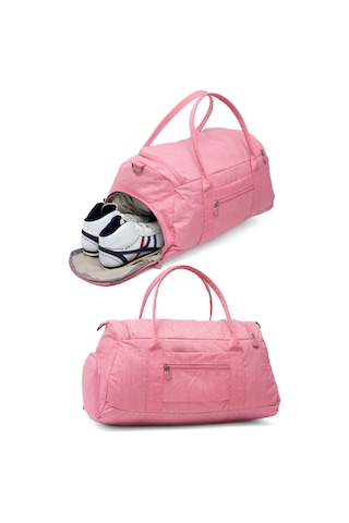 Pembe Krinkıl Kumaş Ayakkabı Bölmeli 0818 Önü Cepli Su Geçirmez Omuz Askılı Spor Ve Seyahat Çantası