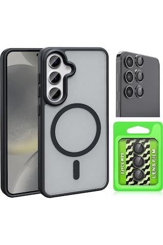 Vendas Galaxy Uyumlu S24 Fe Kılıf M-safe Şarj Özellikli Mat Arka Yüzey Zore Sio Kapak + Kamera Lens Koruyucu Siyah