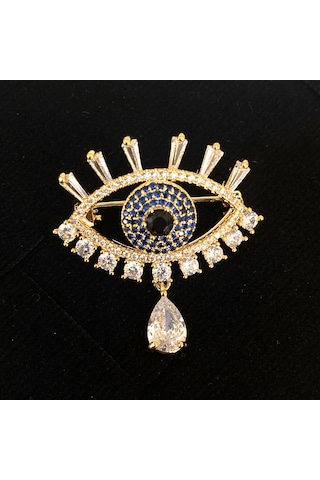 Broş Kadın Zirkon Taşlı Nazar Göz Broş Gözyaşı Yaka İğnesi Gold