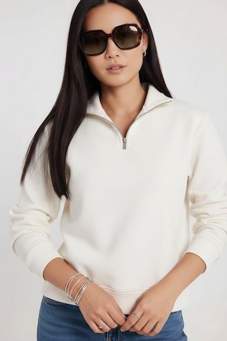 Afri Kadın 3 İplik Şardonlu Yarım Fermuarlı Krem Sweatshirt İçi Pamuklu Kalın Kumaş, Tam Kalıp Rahat Model Krem