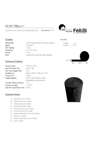 İzobozz&feltbi 7mm 700 Gr/m2 Isı Ve Ses Yalıtımı Polyester Elyaf Keçe