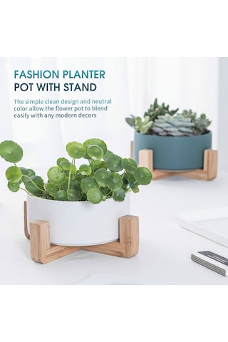 Suofeng Yeşil Ahşap Ayaklı Orta Boy Sukulent Ve Hidroponik Bitki Seramik Saksı