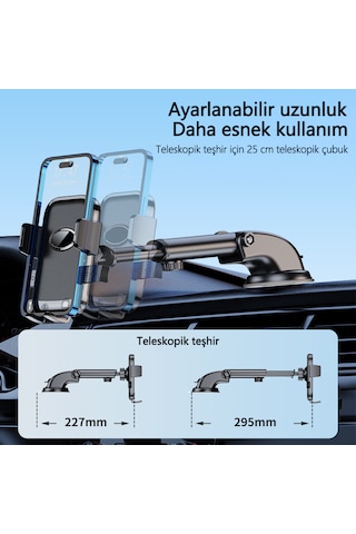 Klasik Emici Askılı Araç Telefon Tutucusu 25cm Uzayan 60x Nano Emiş 360 Dönebilen 5.8-9cm Genişlik 15.5x7.3x11.3cm