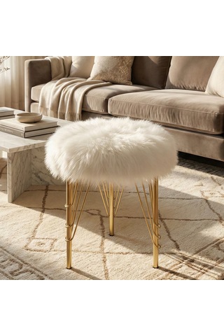 Beyaz Peluş Puf Tabure, Gold Renk Metal Ayaklı Yumuşak Oturma Pufu 38x37 Cm - Yatak Odası, Salon Pufu Beyaz
