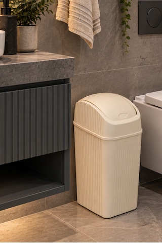 20 Litre Pratik Kapaklı Mutfak Çöp Kovası Büyük Boy Banyo Çöp Kovası Krem