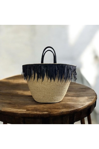 Hasır Çanta, Plaj Çantası, Tasarım Çanta, Siyah Kalın Püsküllü El Çantası Kahverengi - Siyah