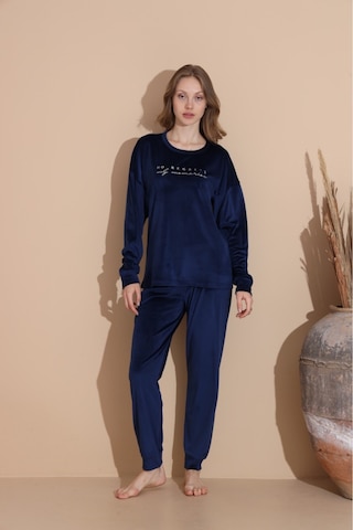 Lukitus Kadife Uzun Kol Kadın Pijama Takımı Lacivert