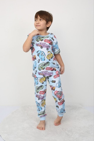 Bunny Hopp Erkek Çocuk Araba Desenli Pijama Takımı Rahat Ve Şık %100 Pamuklu Uyku Seti Mavi - Gri