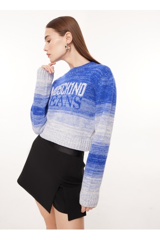 Moschino Jeans Bisiklet Yaka Baskılı Kazak Kadın J0924 Mavi