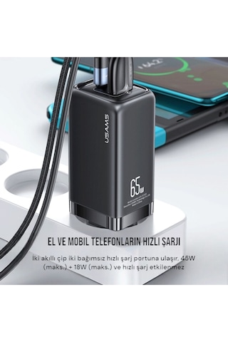 Usams T47 Cc153 65w Dual-port Super Si Hızlı Şarj Dizüstü Bilgisayar Tablet Macbook Siyah