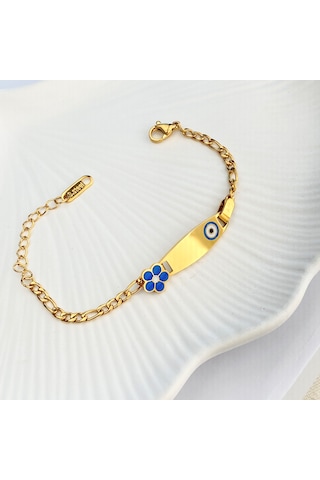Bebek Bileklik Bebek Hediyelik Künye Mavi Çiçek 316l Paslanmaz Çe Gold