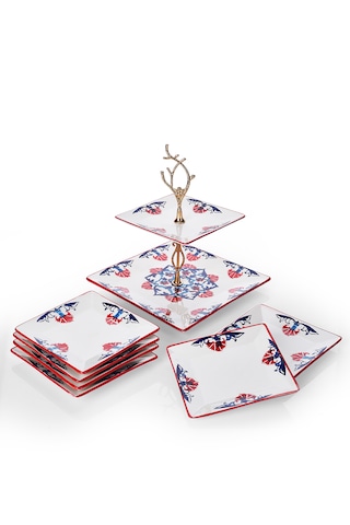 Piatti Naturali İkram Seti Çini Çift Katlı Sunum Tabağı & 6 Lı Tatlı Tabağı