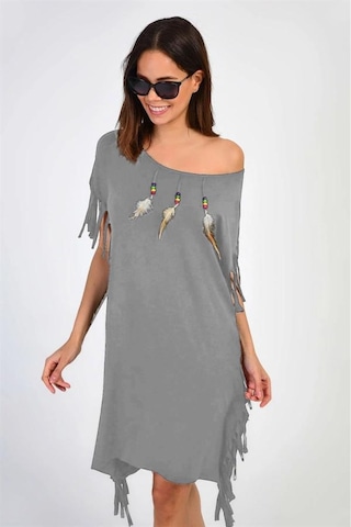 Aqe Fashion Kadın Geniş Yaka Kuş Tüyü Desenli Paça Püsküllü Gri Elbise Gri