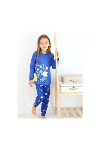 Kız Çocuk Pamuklu Gezegen Baskılı Pijama-15272 Lacivert