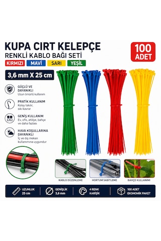 Kupa Cırt Kelepçe Renkli Kablo Bağı Kırmızı Mavi Sarı Yeşil Cırt Kelepçe Seti 3,6 Mm X 25 Cm 100 Adet